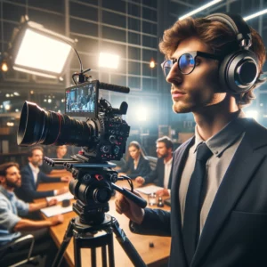 Moment de tournage d'un film corporate. Au centre, un professionnel vêtu d'une tenue adaptée et portant un casque