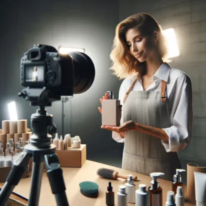 Une image ultra-réaliste capturant le moment où une personne, debout et vêtue de manière professionnelle, présente un produit devant une caméra