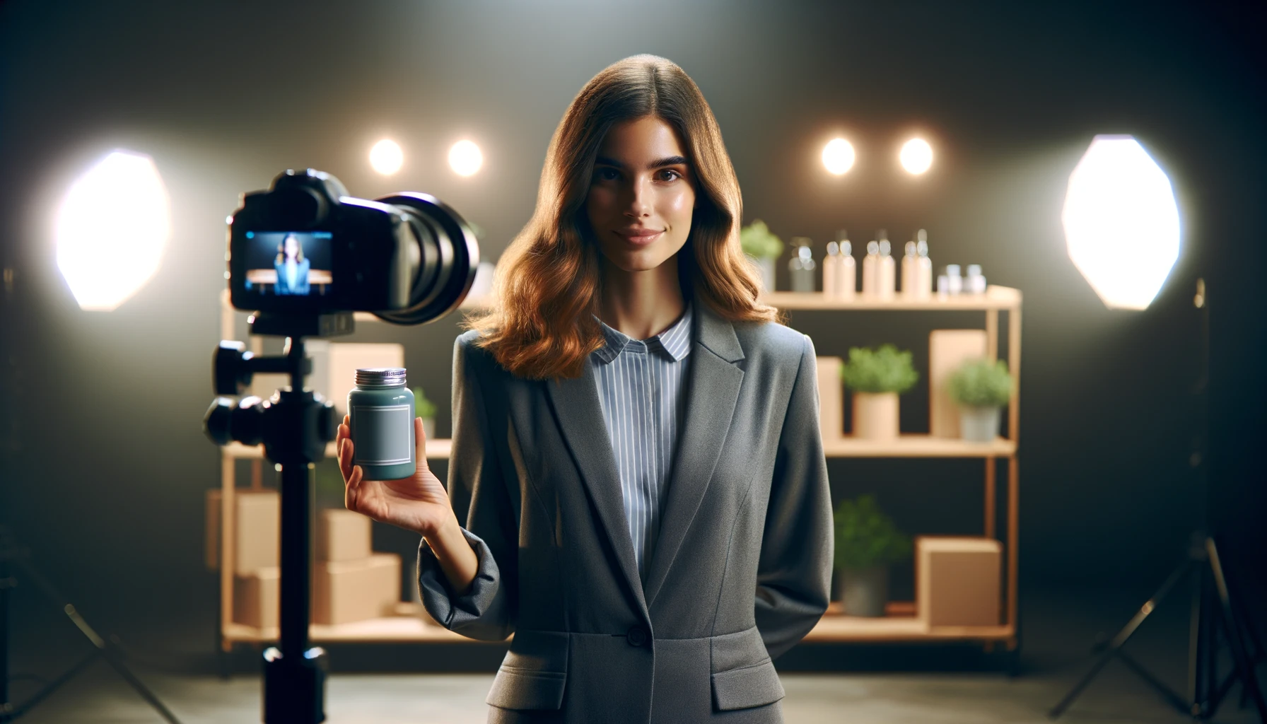 Femme devant une caméra présentant un produit